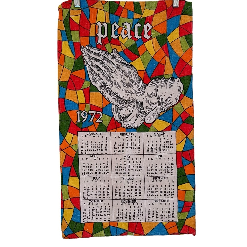 Vintage Calendar Tea Towel 1972 "Peace" with Colorful Stained Glass Motif